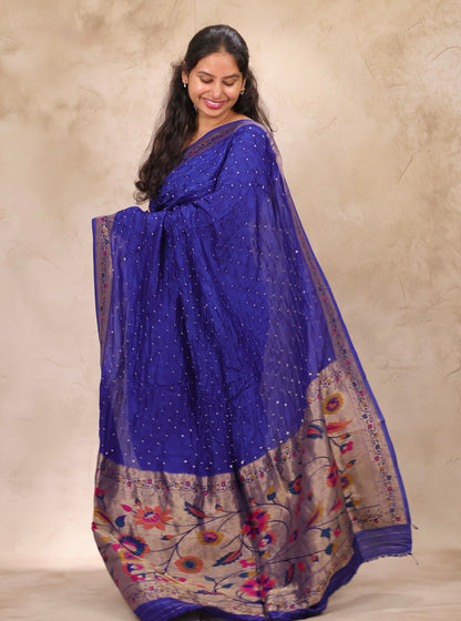 Blue Handcrafted Bandhani Paithani Dola Silk Saree | Looms & Tassels