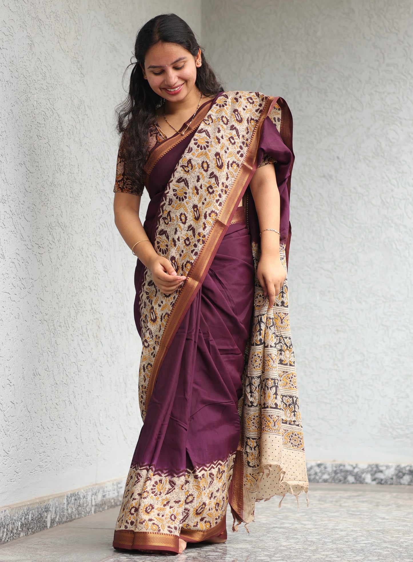 Purple Kalamkari dyeing premium chennur silk with hand block print saree