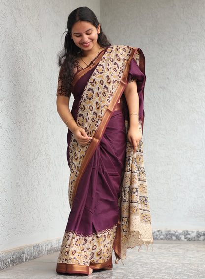 Purple Kalamkari dyeing premium chennur silk with hand block print saree
