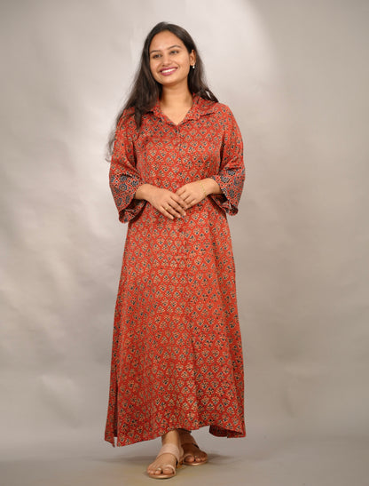 Red Ajrakh Modal Silk Aline Shirt Dress | Looms & Tassels