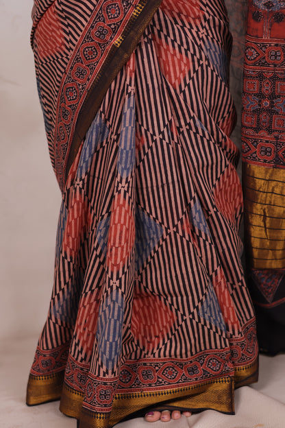 Ajrakh Hand Block Printed Mangalagiri Cotton Saree | Looms & Tassels