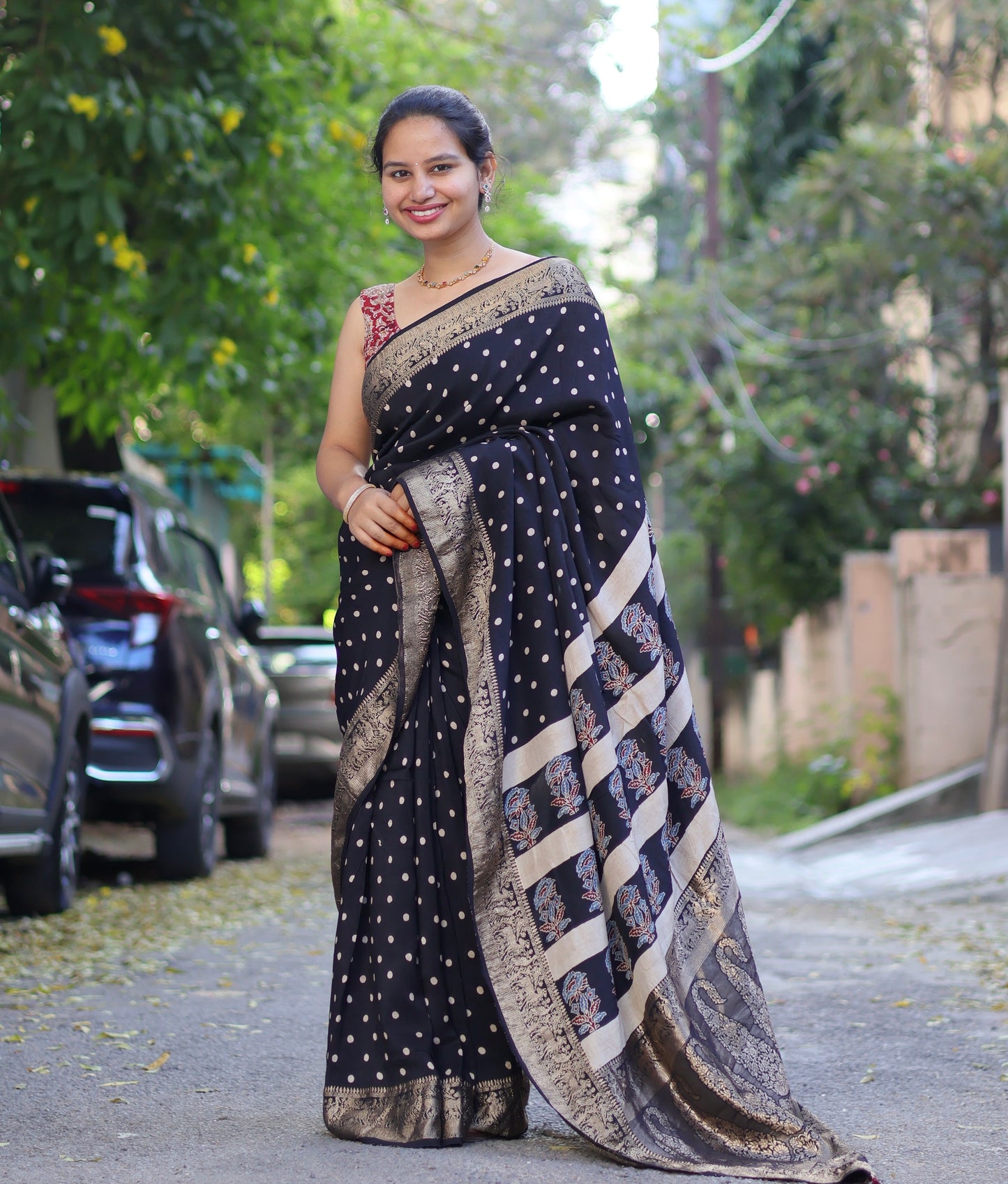 Black Ajrakh Dola Silk Saree