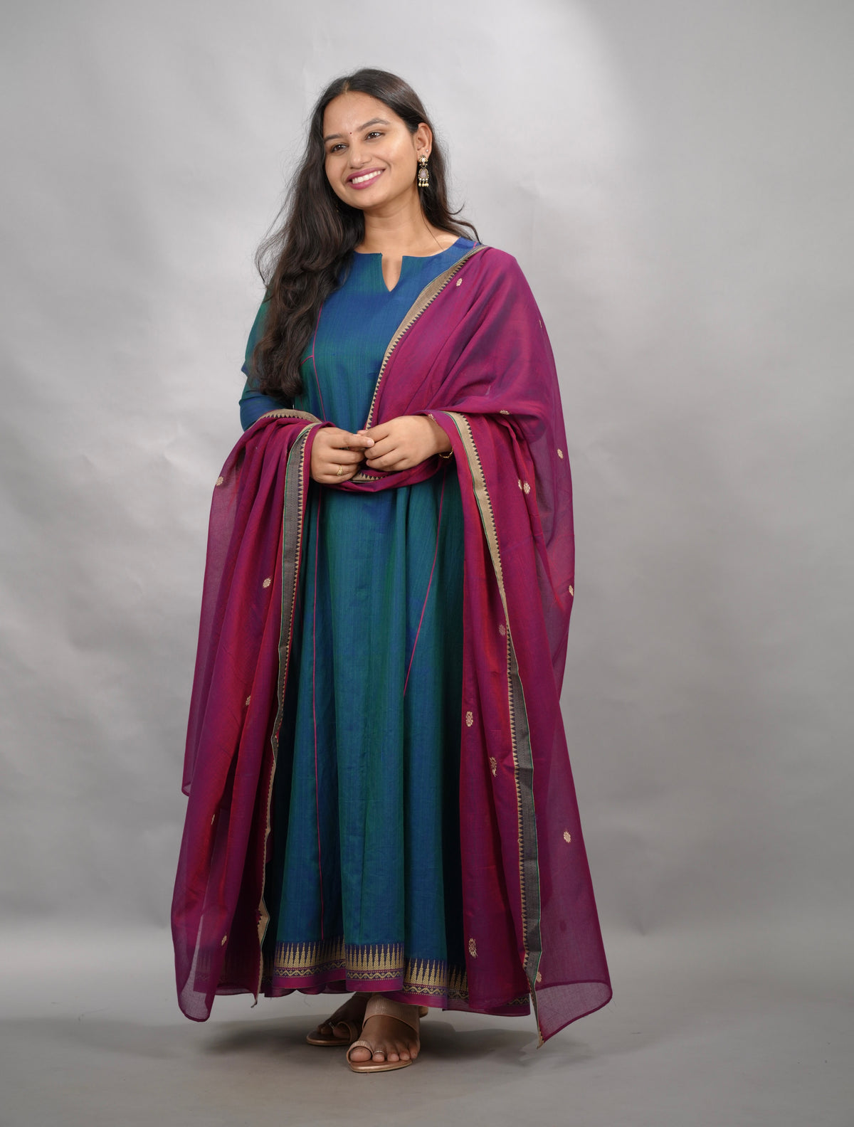 Rama Blue Narayanpet Cotton Anarkali Dress with Magenta Narayanpet Dupatta | Looms & Tassels