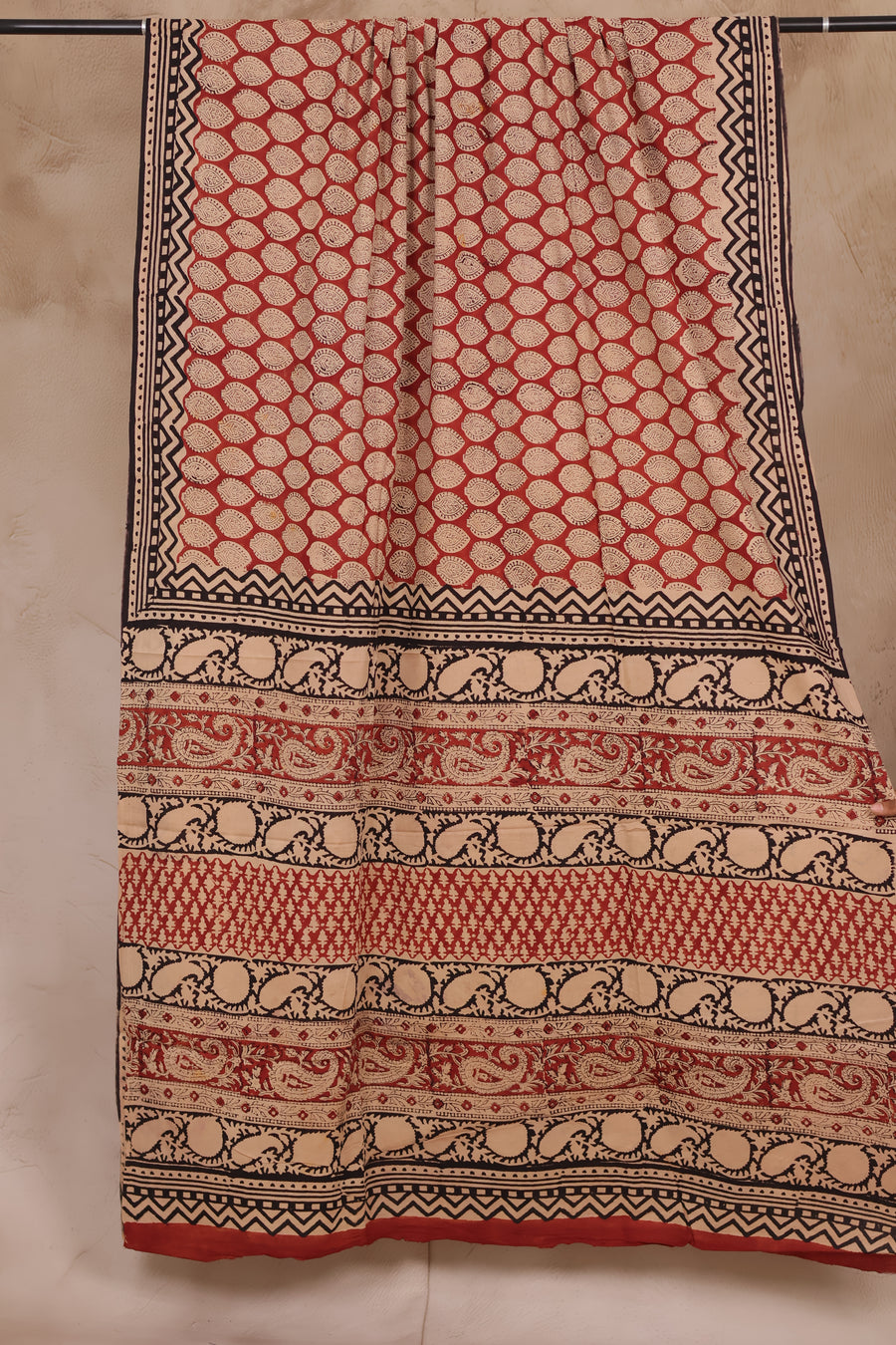 Brick Red & Cream Bagru Handblock printed MulMul cotton saree | Looms & Tassels