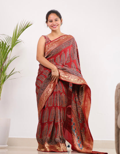 Red Ajrakh Dola Silk Saree