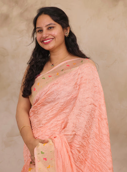 Peach Handcrafted Pattern Bandhani Paithani Dola Silk Saree | Looms & Tassels