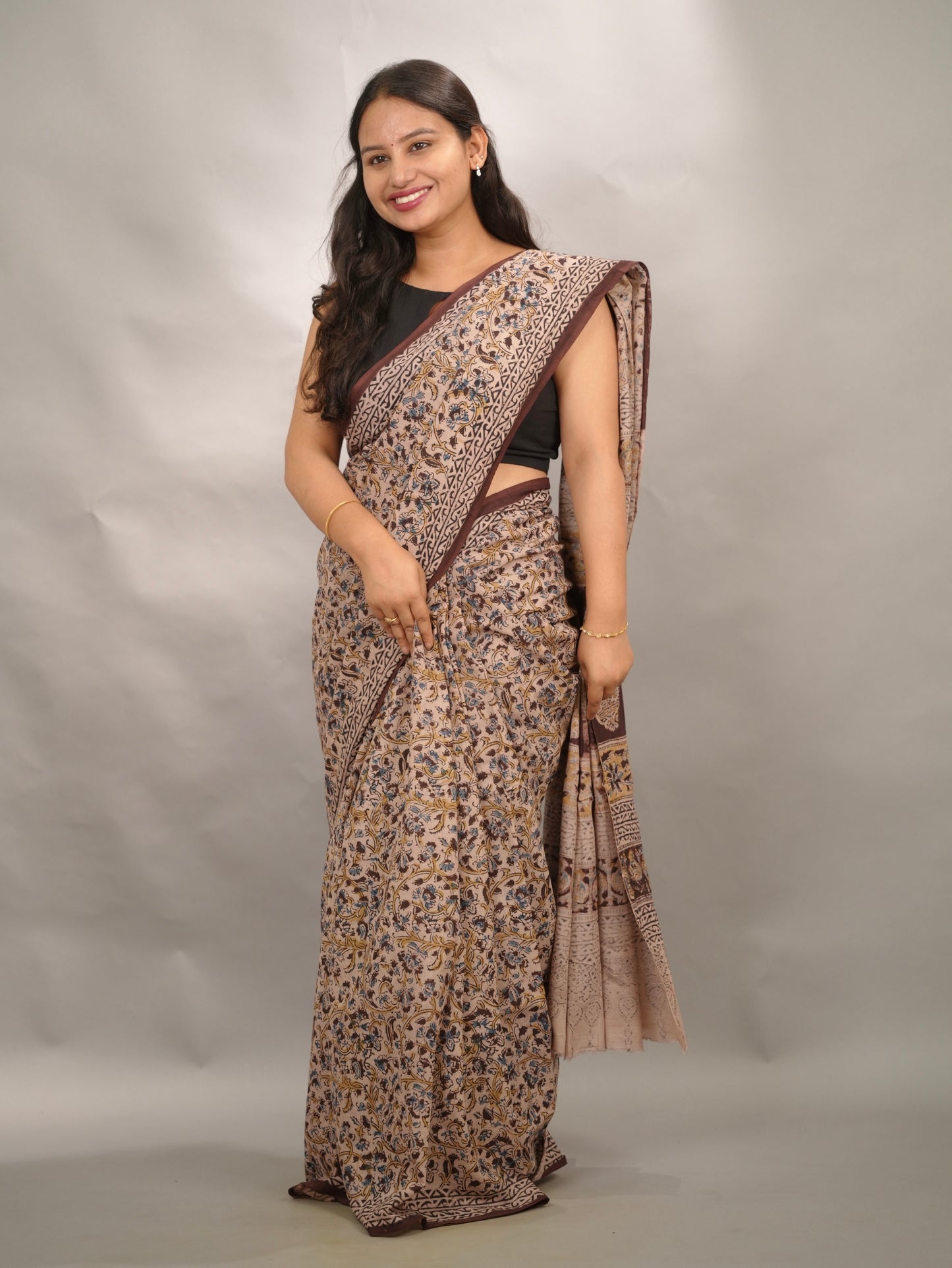 Cream Hand Block Printed Kalamkari Cotton Saree | Looms & Tassels