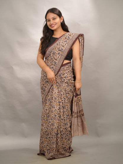 Cream Hand Block Printed Kalamkari Cotton Saree | Looms & Tassels