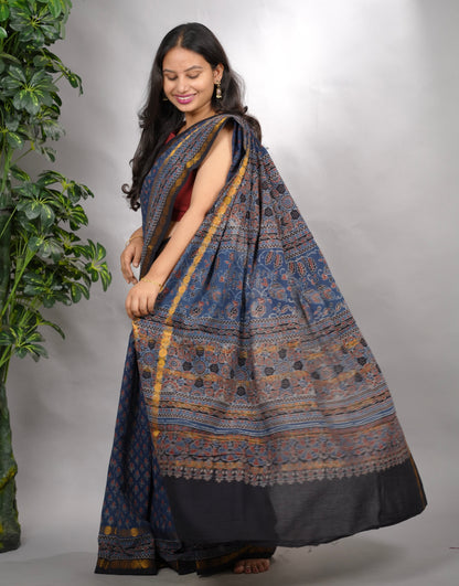 Indigo Ajrakh Hand Block Printed Sungudi Cotton Saree | Looms & Tassels