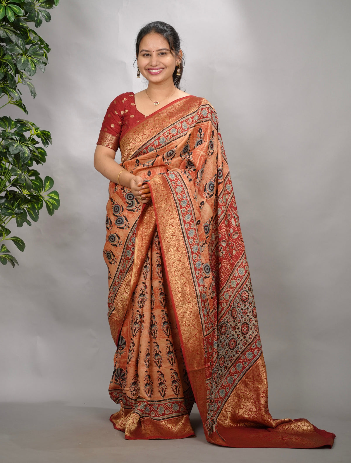 Onion Pink Ajrakh Handblock printed Dola Silk Saree| Looms & Tassels
