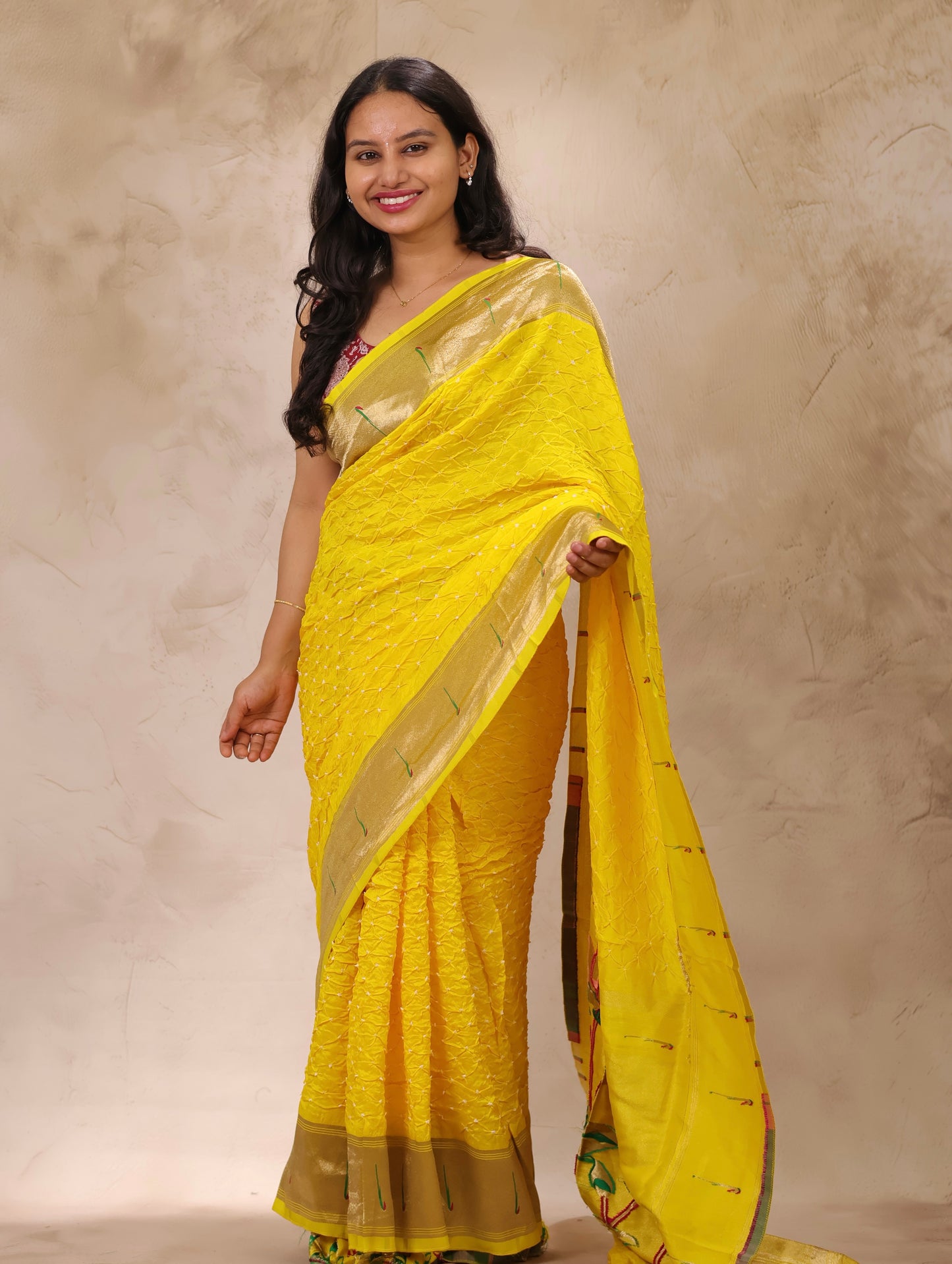 Yellow Handcrafted Bandhani Paithani Dola Silk Saree | Looms & Tassels