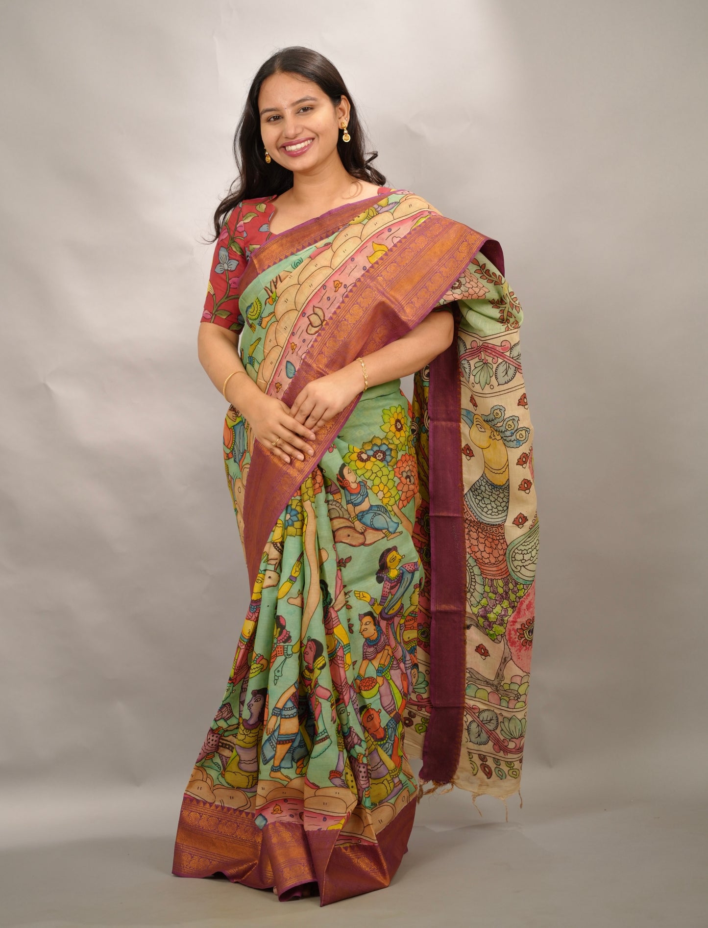 Pista Green Hand Drawn Pen Kalamkari Bangalore Silk Kanchi Border Saree | Looms & Tassels