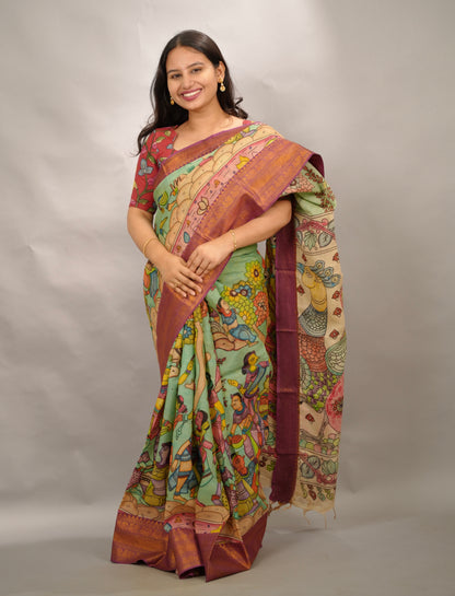 Pista Green Hand Drawn Pen Kalamkari Bangalore Silk Kanchi Border Saree | Looms & Tassels