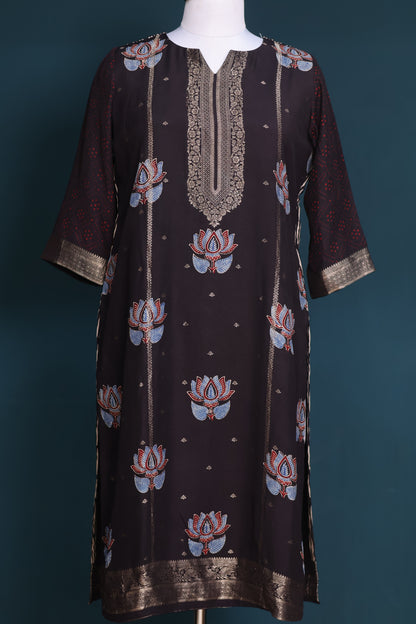 Black Handblock printed Ajrakh dola silk 2 piece suit (stitch