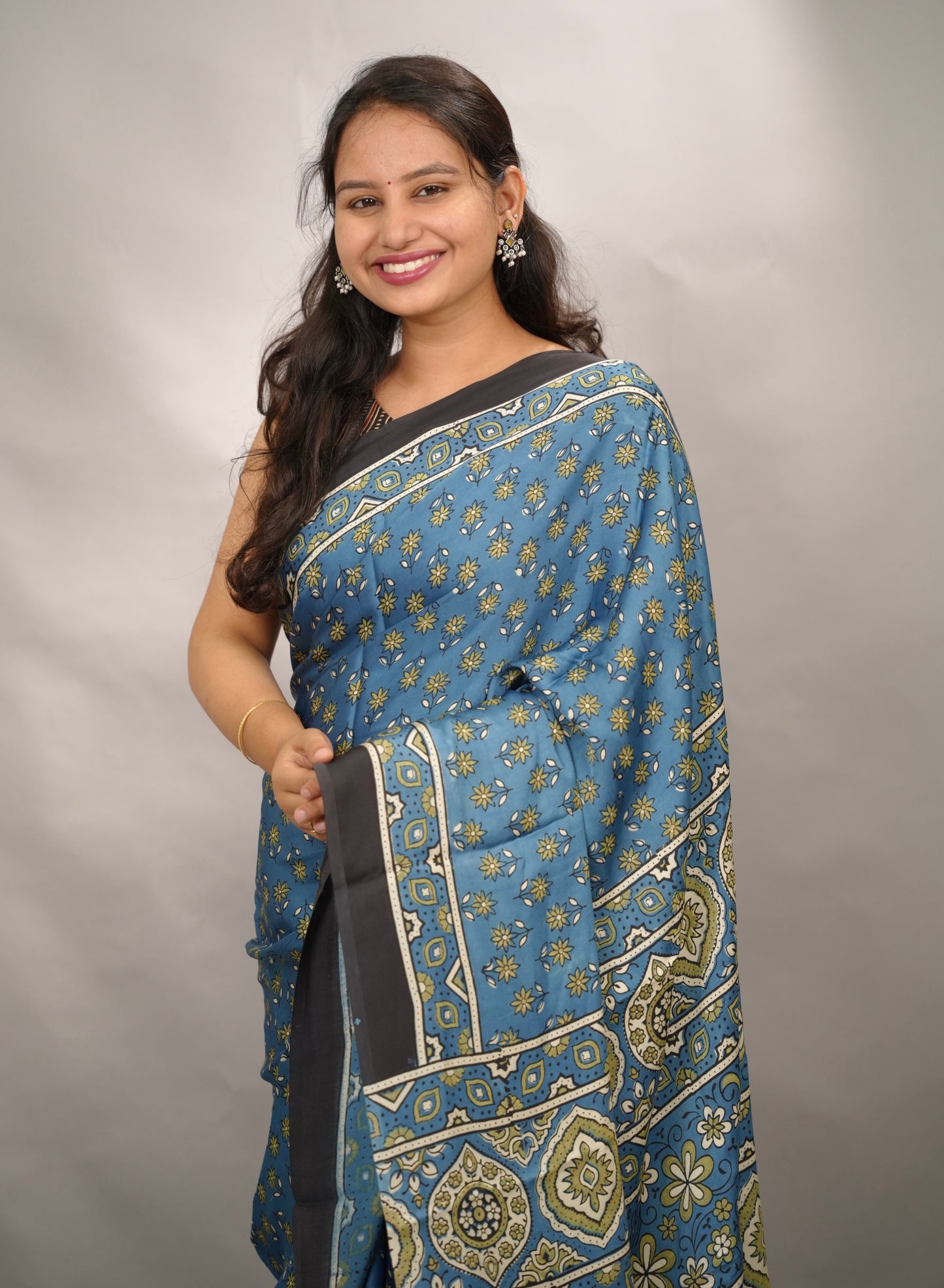 Blue Authentic Ajrakh Handblock Printed Modal Silk Saree | Looms & Tassels