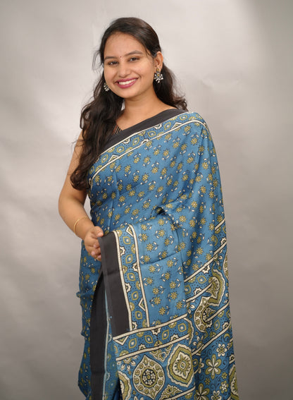 Blue Authentic Ajrakh Handblock Printed Modal Silk Saree | Looms & Tassels