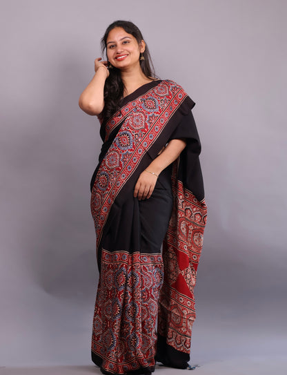 Authentic Ajrakh Handblock Printed Modal Silk Saree | Looms & Tassels