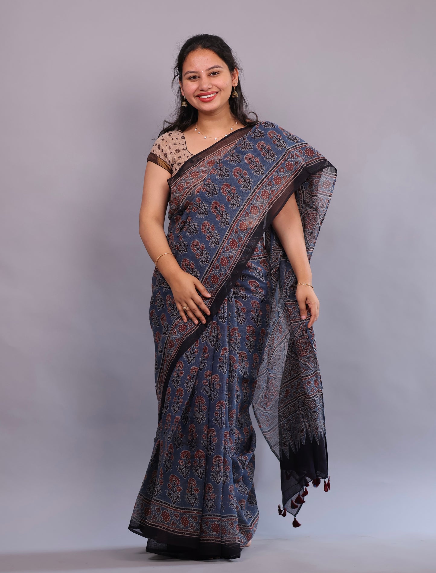 Indigo Ajrakh Hand Block Printed Kota Doria Saree | Looms & Tassels