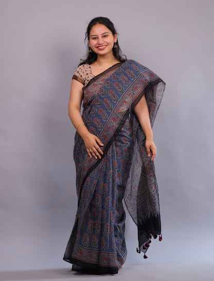 Indigo Ajrakh Hand Block Printed Kota Doria Saree | Looms & Tassels