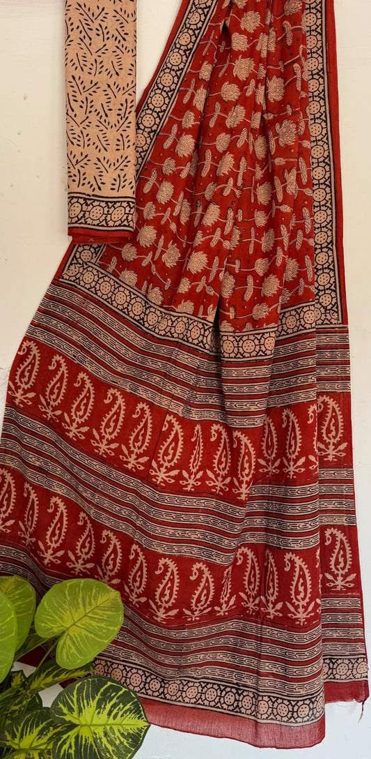 Bagru Handblock printed MulMul cotton saree