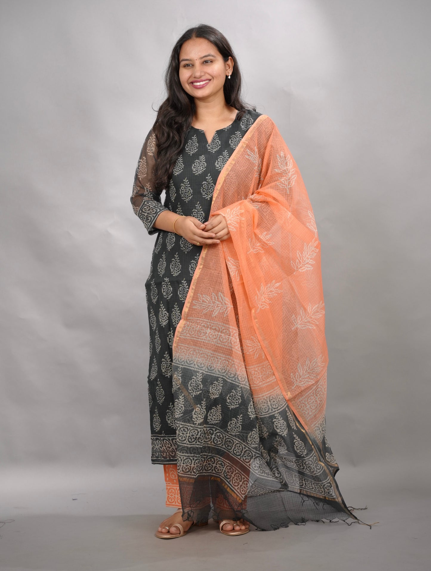 Grey & orange Handblock printed kota 3 piece suit (stitched)| Looms & Tassels