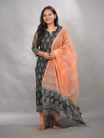 Grey & orange Handblock printed kota 3 piece suit (stitched)| Looms & Tassels