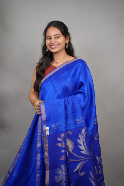 Blue Handloom Jamdhani Pure Matka Silk Saree with Muslin Silk Pallu