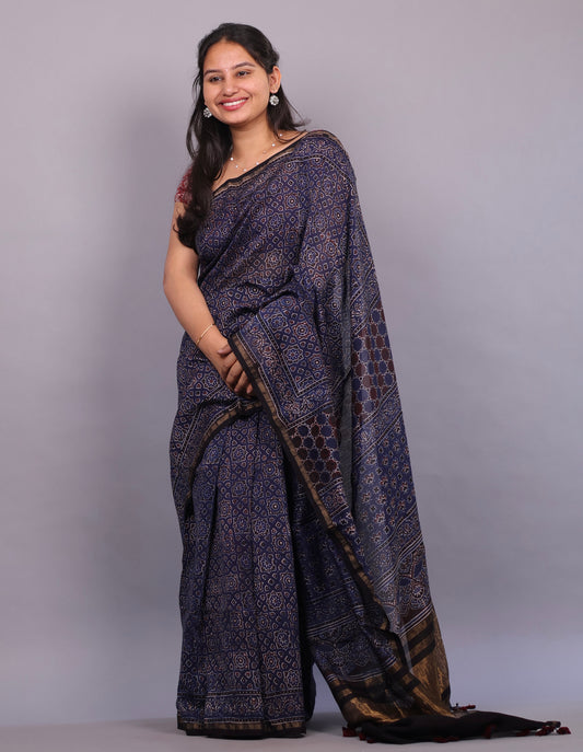 Indigo Blue Geometrical Pattern Ajrakh Hand Block printed Chanderi Silk Saree | Looms & Tassels