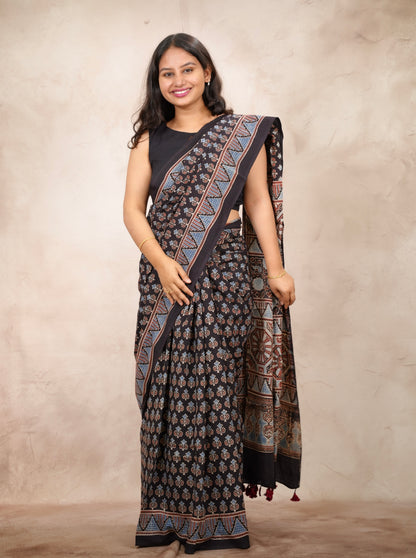 Black Ajrakh Hand Block Printed Cotton Saree | Looms & Tassels
