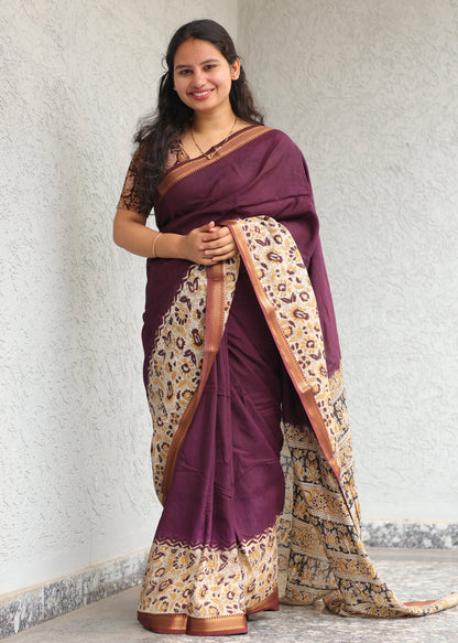Purple Kalamkari dyeing premium chennur silk with hand block print saree