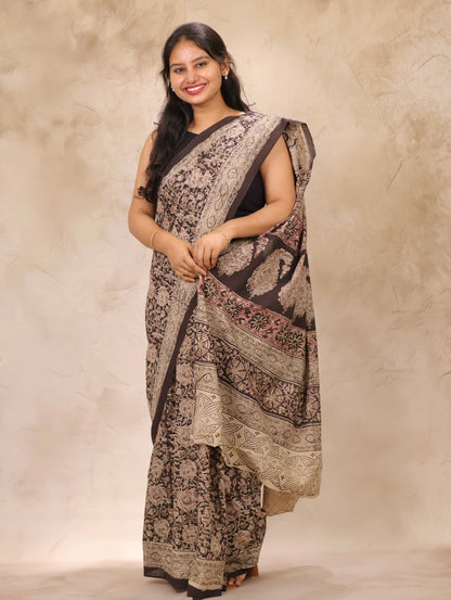 Black Hand Block Printed Kalamkari Cotton Saree | Looms & Tassels