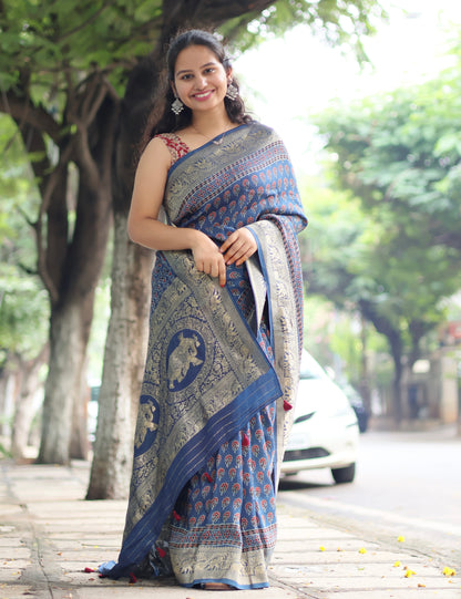 Blue Ajrakh Dola Silk Saree