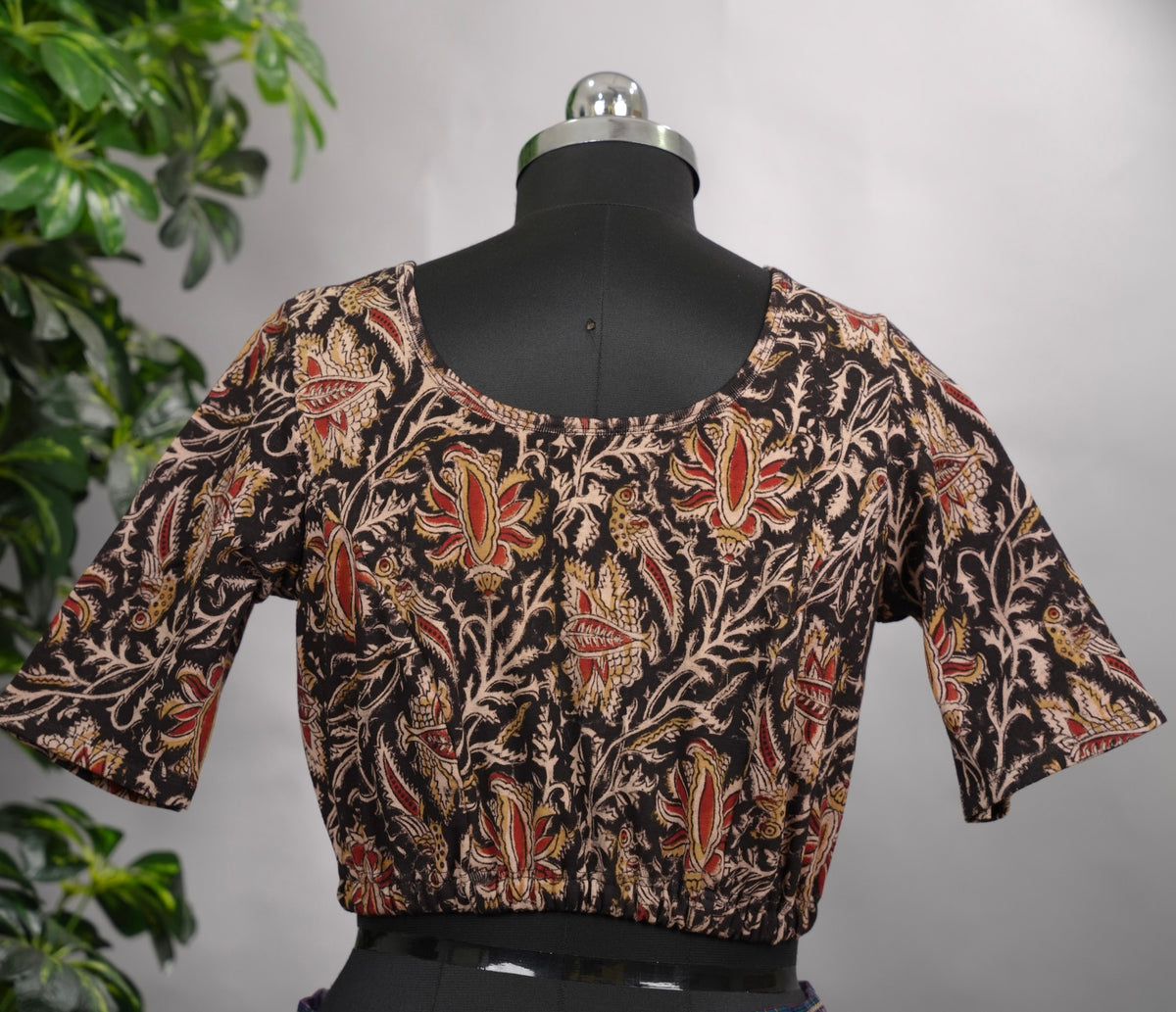 Black Round Neck Stretchable Hand block printed kalamkari blouse (elbow sleeves) | Looms & Tassels