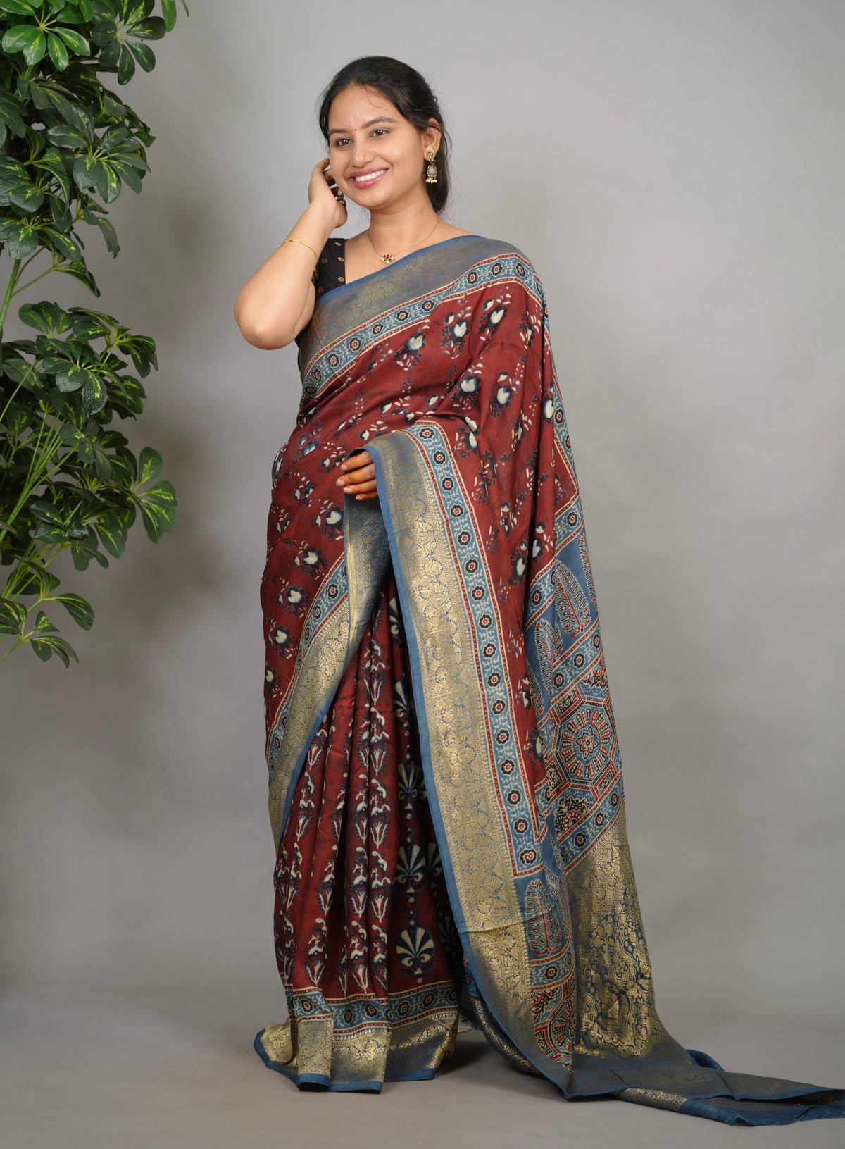 Ajrakh Dola Silk Saree - Brick Red | Looms & Tassels
