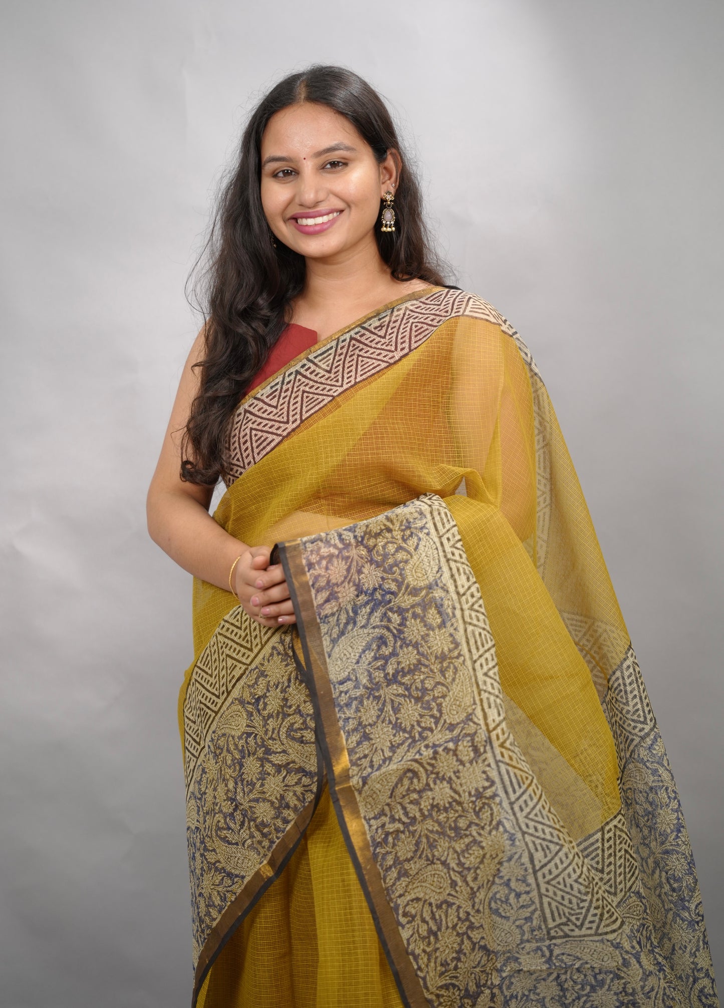 Yellow Pure Kota Doria Saree with Bagru Handblock Prints | Looms & Tassels