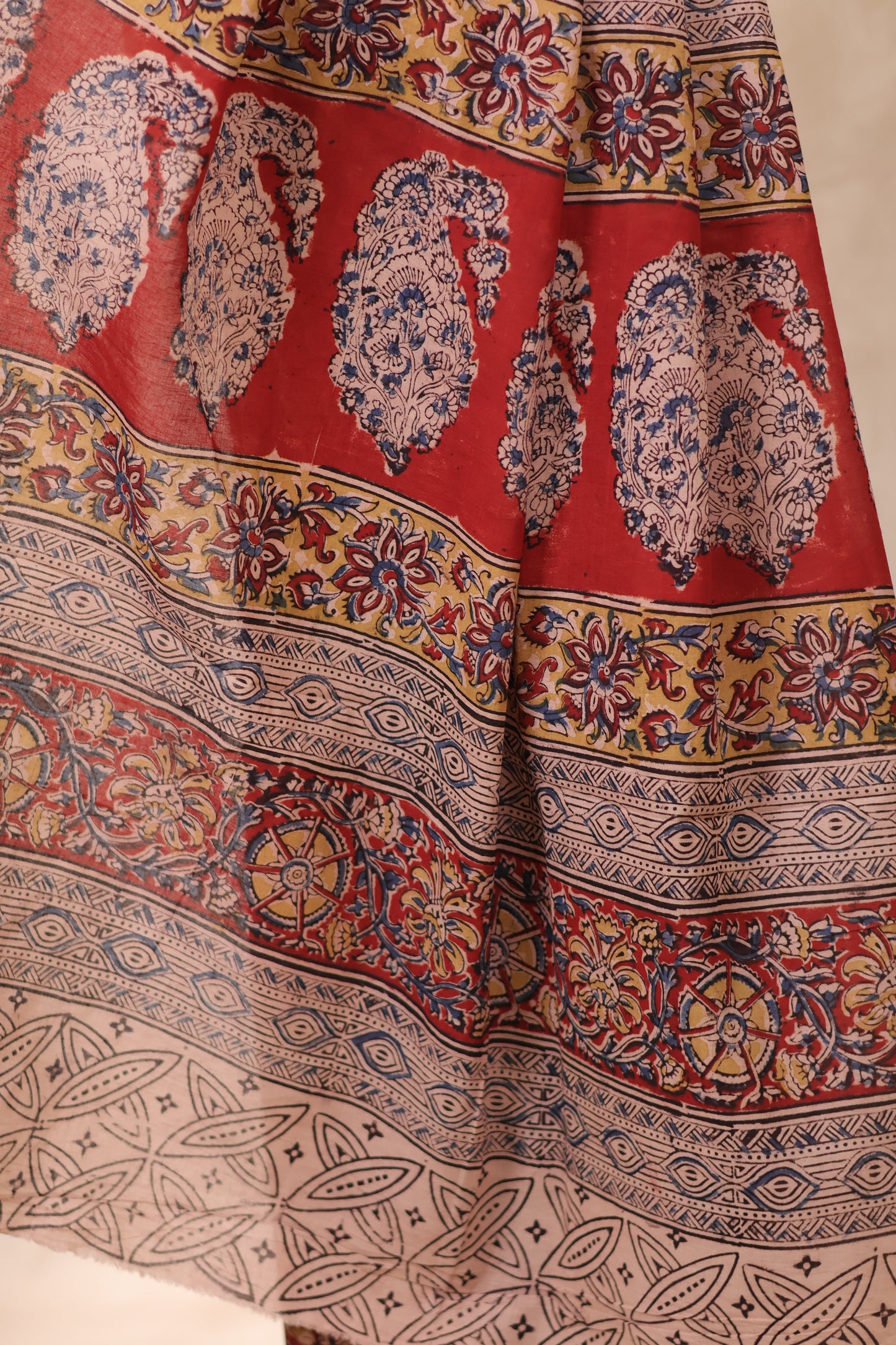 Maroon Hand Block Printed Kalamkari Cotton Saree | Looms & Tassels