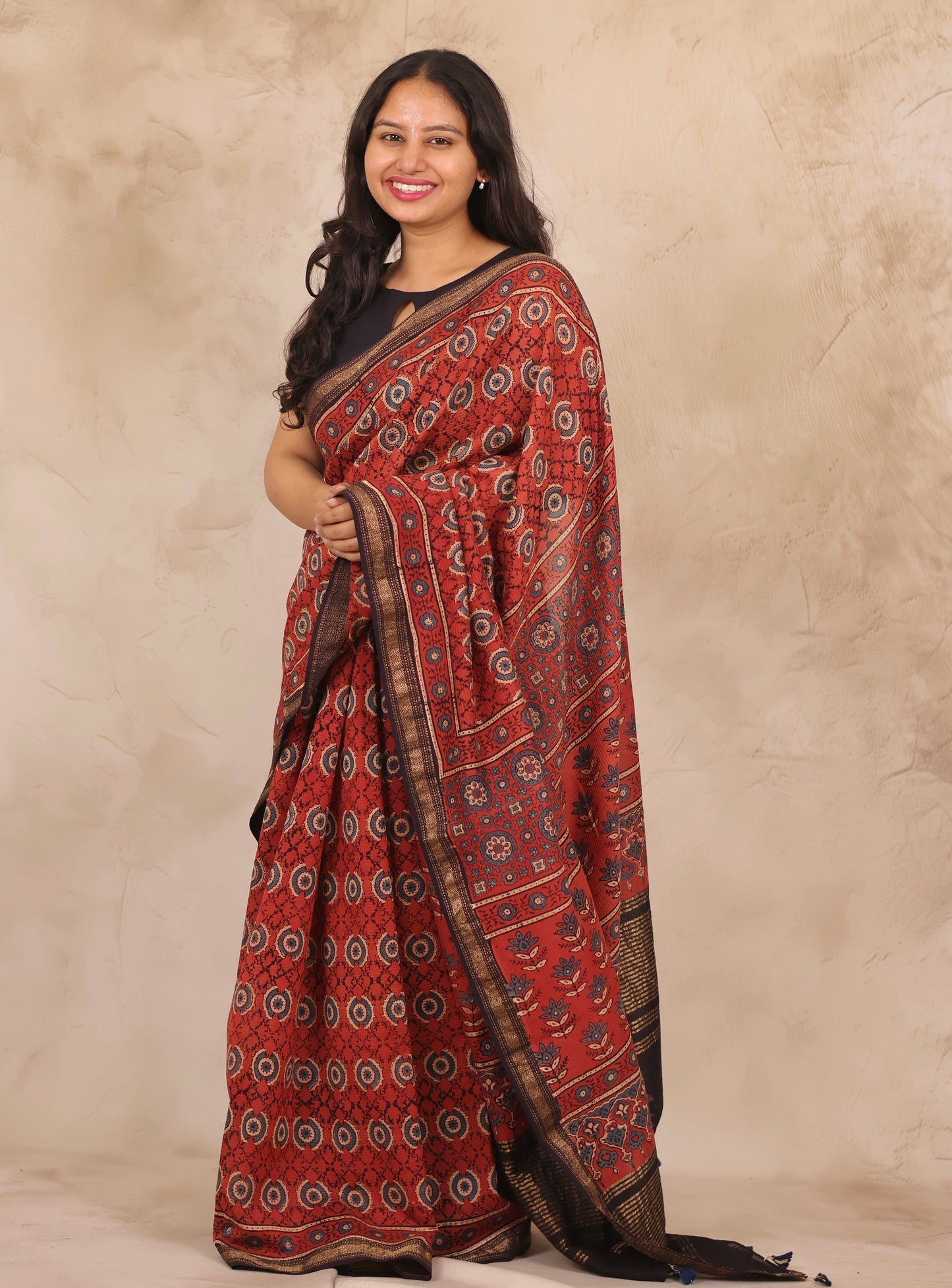 Maheswari Silk Cotton Ajrakh Handblock Printed Saree | Looms & Tassels