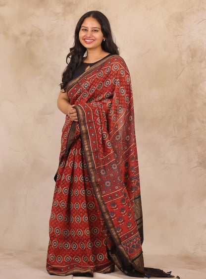 Maheswari Silk Cotton Ajrakh Handblock Printed Saree | Looms & Tassels
