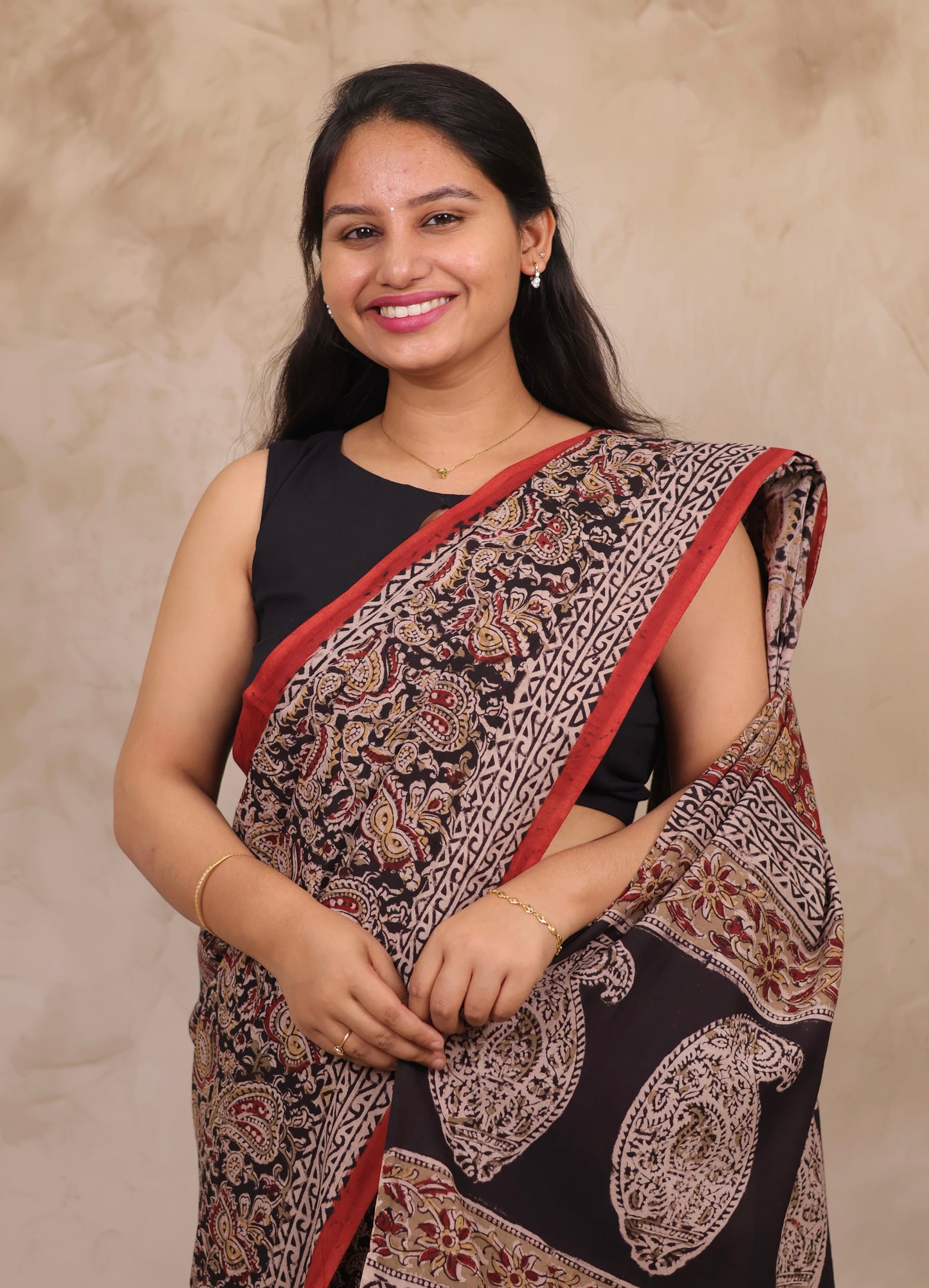 Black Hand Block Printed Kalamkari Cotton Saree | Looms & Tassels