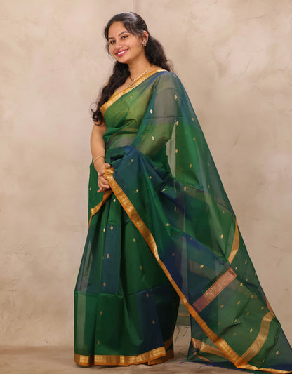 Green Dual Tone Handloom Maheswari Silk Cotton Sarees | Looms & Tassels