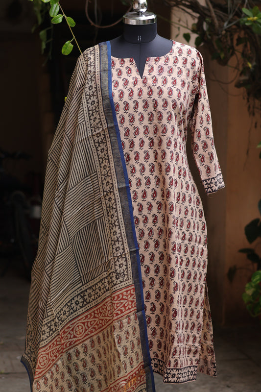 Cream Handblock printed Pure Mul Cotton with Kota Doria Duppata 3 piece suit (stitched)
