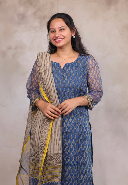 Blue Handblock printed kota 3 piece suit (stitched)