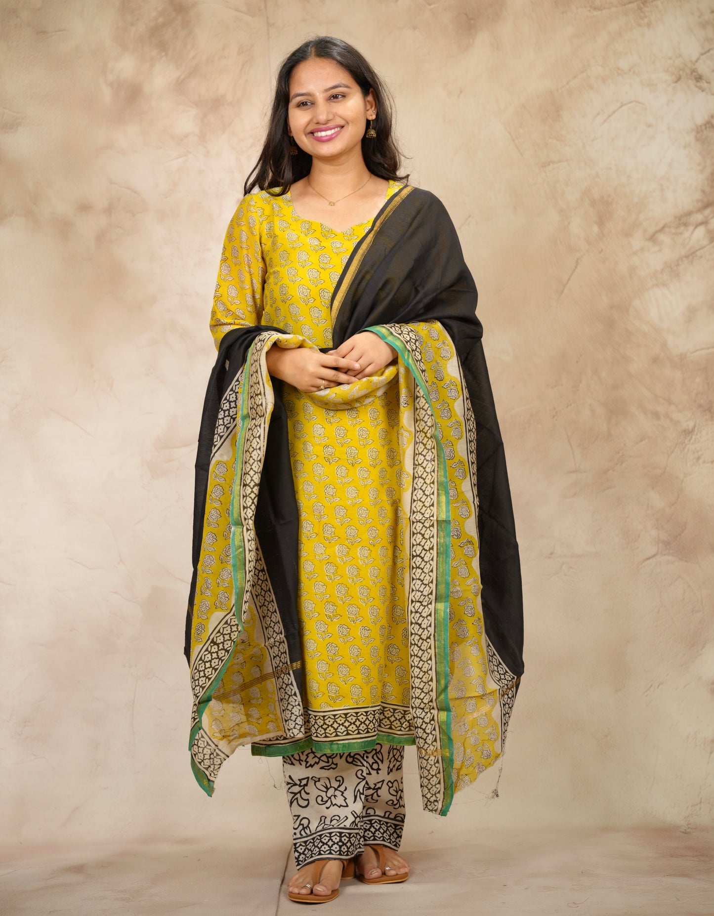 Yellow Handblock printed Pure Chenderi Silk 3 piece suit (stitched) |  Looms & Tassels