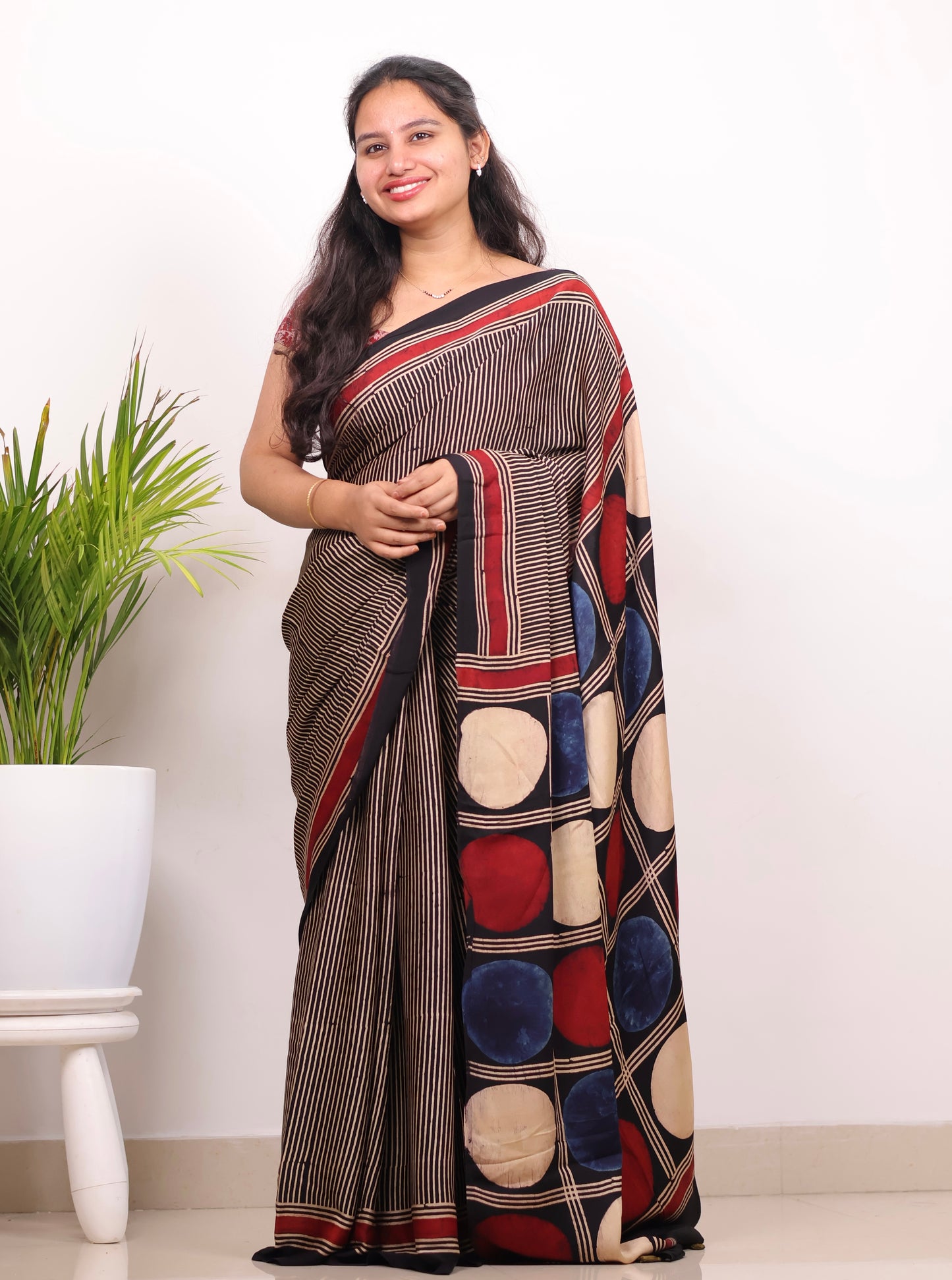Black Stripes Contemporary Authentic Ajrakh Modal Silk Saree | Looms & Tassels