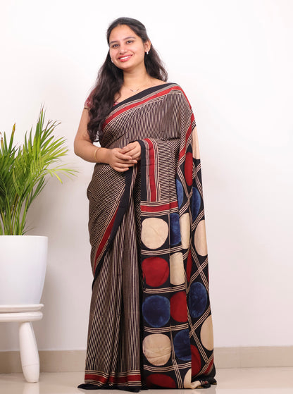 Black Stripes Contemporary Authentic Ajrakh Modal Silk Saree | Looms & Tassels