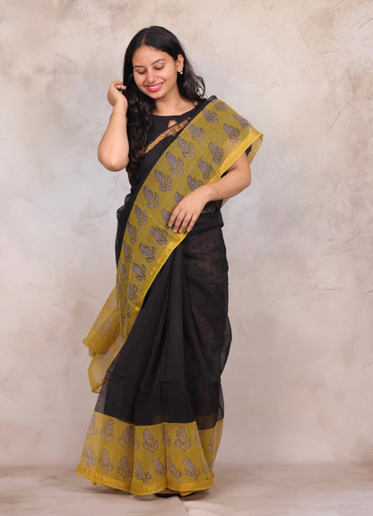 Black & Yellow Pure Kota Doria Saree with Bagru Handblock Prints | Looms & Tassels