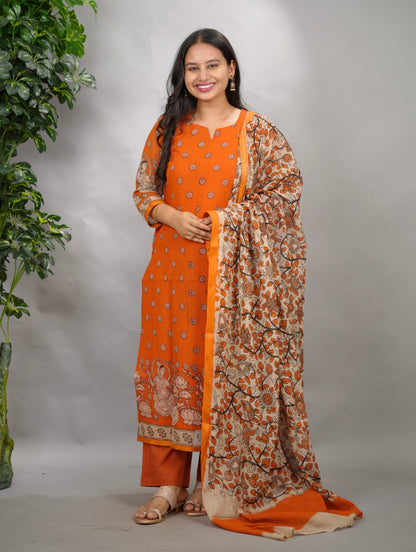 Orange Kalamkari Kota Cotton 3 piece suit (stitched) | Looms & Tassels