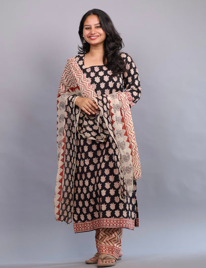 Black Handblock printed Pure Mul Cotton with chiffon Duppata 3 piece suit (stitched)