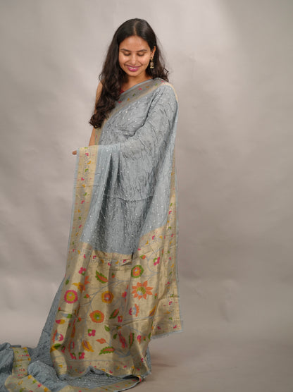 Gray Handcrafted Bandhani Paithani Dola Silk Saree | Looms & Tassels