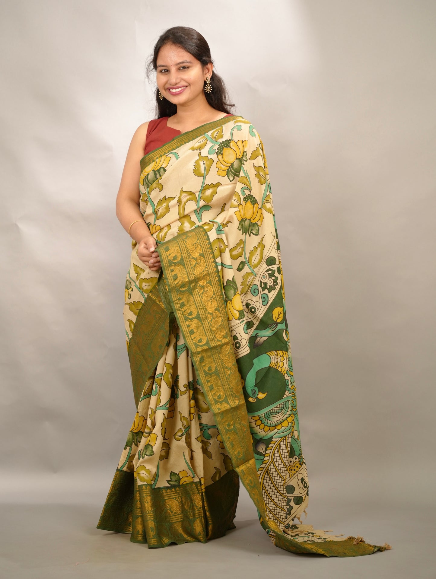 Green Kanchi border Kalamkari chennur silk saree